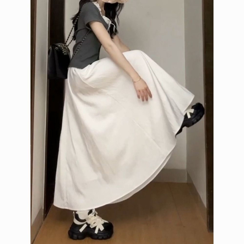女性のための白い大きな裾のスカート夏の新しいフレンチスタイルスリムフィットアンブレラスカートドレープAラインミドル丈スカート|undefined