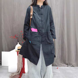 25冬款  亚麻中式对襟棉袄风衣立领手工盘扣中长款棉衣贴布上衣