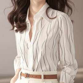 法式绝美优雅风白色印花翻领长袖衬衫女春秋新款洋气通勤遮肉衬衣