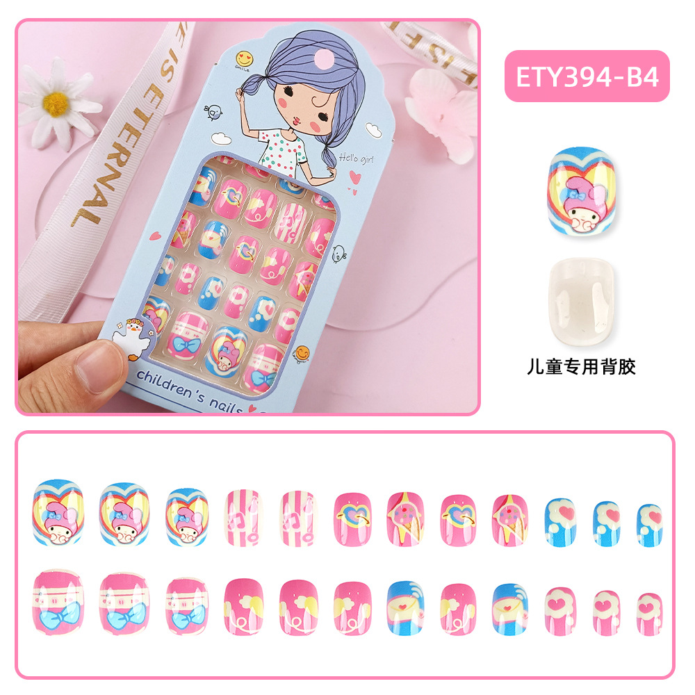 Uñas postizas adhesivas de moda para niños mayores, lindas pegatinas de uñas con dibujos animados, caja de 24 piezas de lindos parches de uñas. image 15