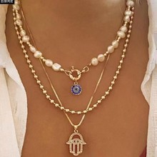 【活动】跨境女士时尚潮流项链合金镶钻多层女士珍珠吊坠链子套装