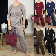 欧美跨境外贸女装春秋季宽松大码圆领绑带上衣长裤休闲时尚两件套