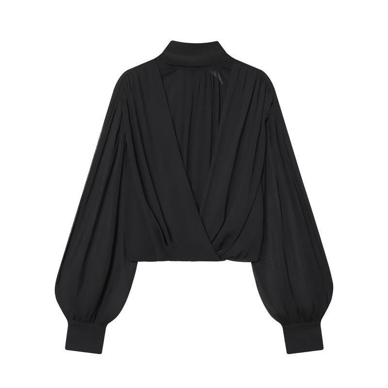 Foreign Trade Semi-Transparent Stylish Pleated Balloon Top European and American Style Women's Clothing Cross-Border Pattern and Color Foreign Trade Semi-Transparent Stylish Pleated Balloon Top European and American Style Women's Clothing Cross-Border Pattern and Color