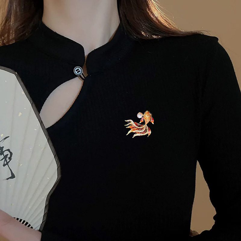 DIY accessories Chinese style koi goldfish brooch enamel copper gold-plated zircon pin pearl corsage empty holder