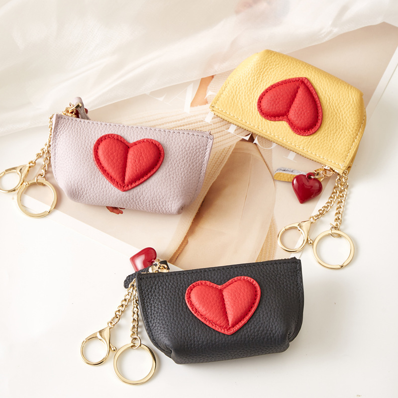 First-Layer Cowhide Zipper Heart Key Bag Cute Ins Lipstick Bag Mini Keychain Coin Bag Coin Purse