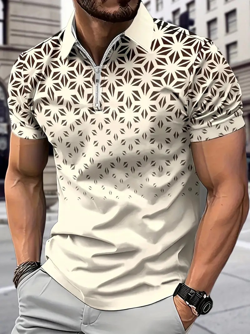 Camisa POLO con cremallera suelta transpirable de malla de negocios de la calle de verano para hombres, impresión digital 3D geométrica simple