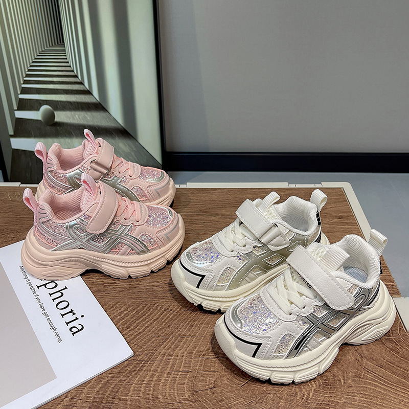 Children's Sports Shoes 2025 Spring and Autumn Boys' Dad Shoes with Sequins Trendy Girls' Casual Shoes Soft Sole Baby Shoes Breathable