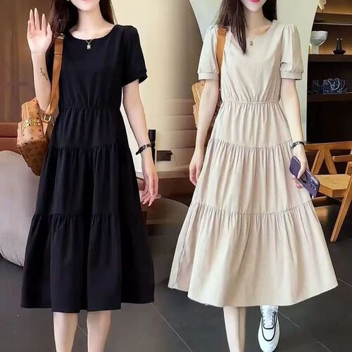 Fashionable casual dress for women 2025 summer new style temperament Korean style waist covering belly and slimming medium and long a-line dress