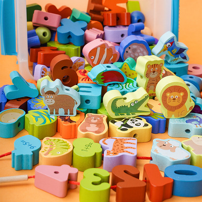 货源儿童大颗粒串珠玩具数字字母形状认知木制绕珠百宝箱宝宝益智积木批发
