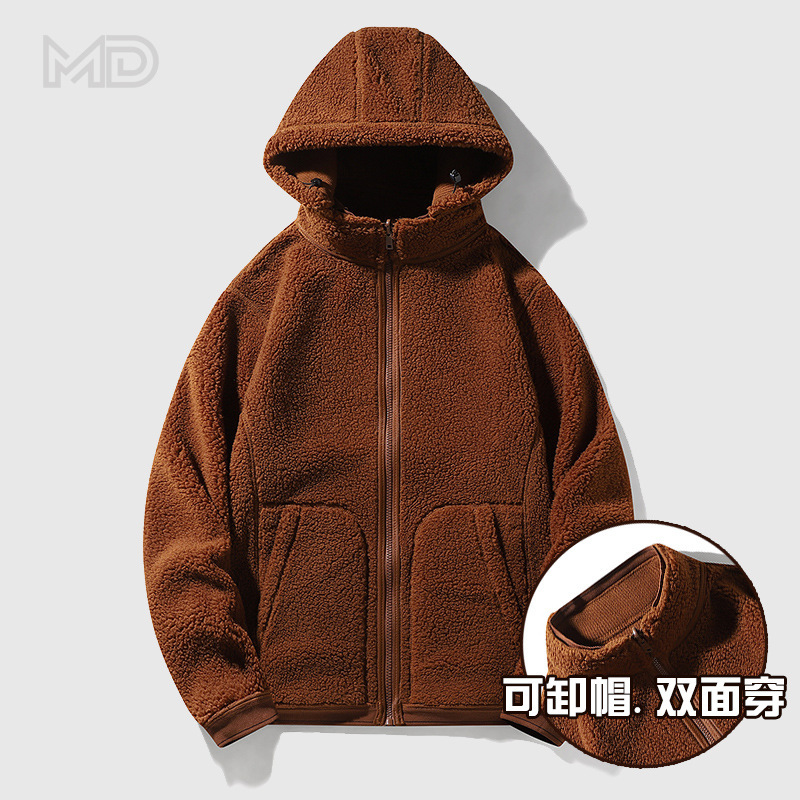 Autumn and Winter Removable Hooded Fuke Velvet Cardigan Sweatshirt Men's Warm Top Fleece-Lined Thickeneded Hooded Couple Reversible Jacket