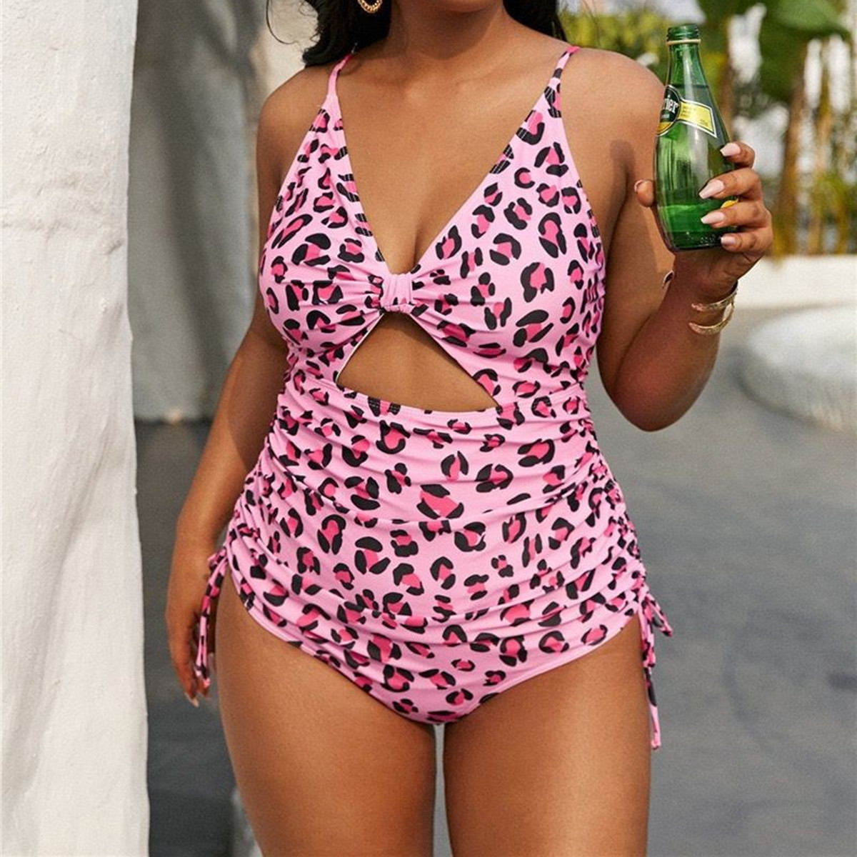 plus size hollow deep V sling lace-up leopard print one-piece swimsuit NSJHD124892