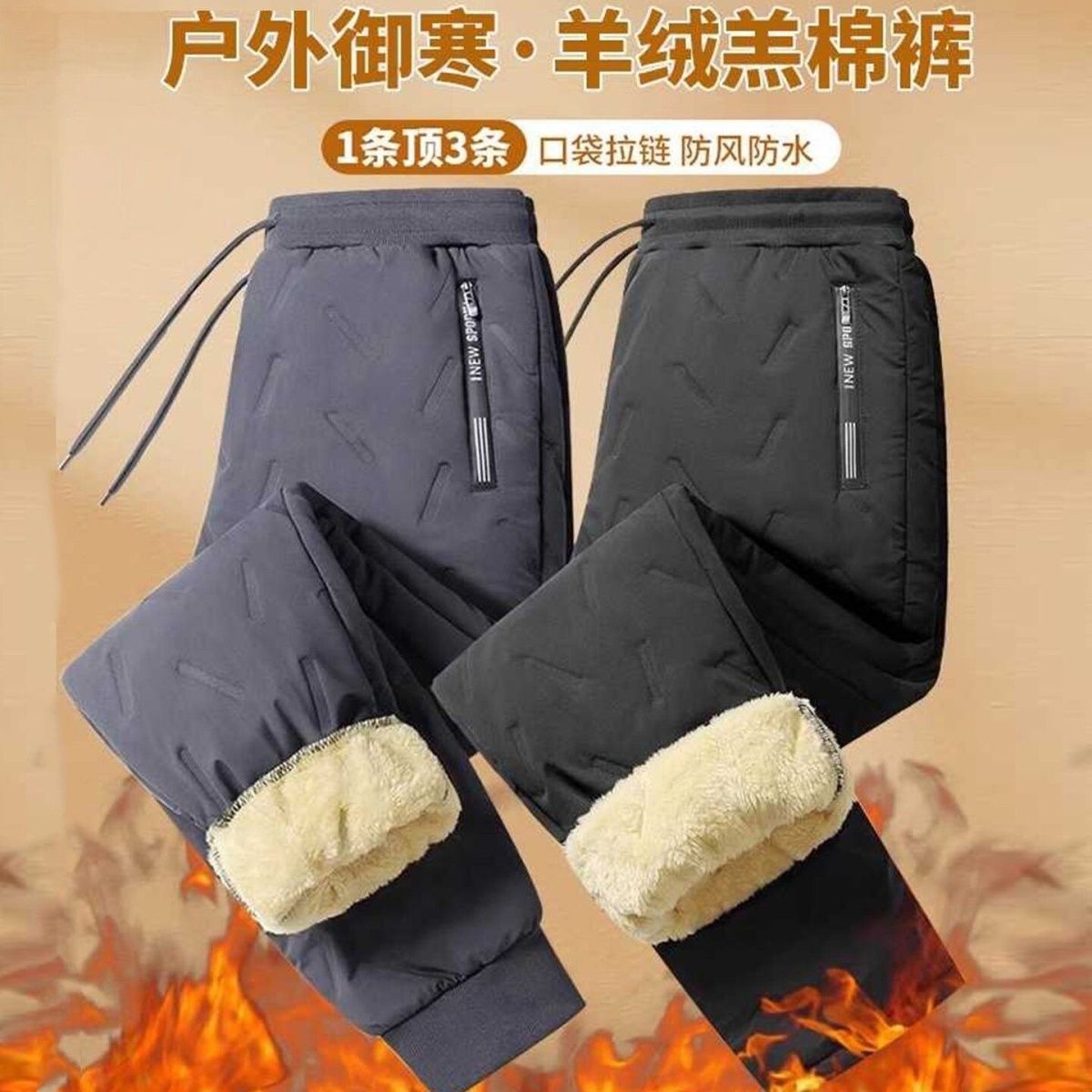 Men's quilted lamb fleece thermal pants, 2026 winter new style, sporty, fleece-lined, thickened, warm, fashionable, and cold-proof pants.