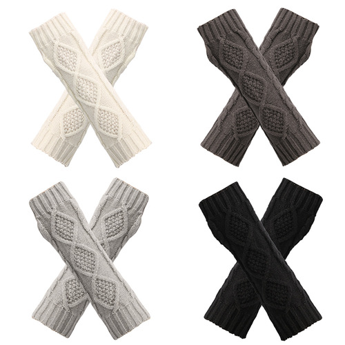 Cross-border rhombus knitted wool gloves winter warm retro all-match half-finger wristband extended fingerless arm cover