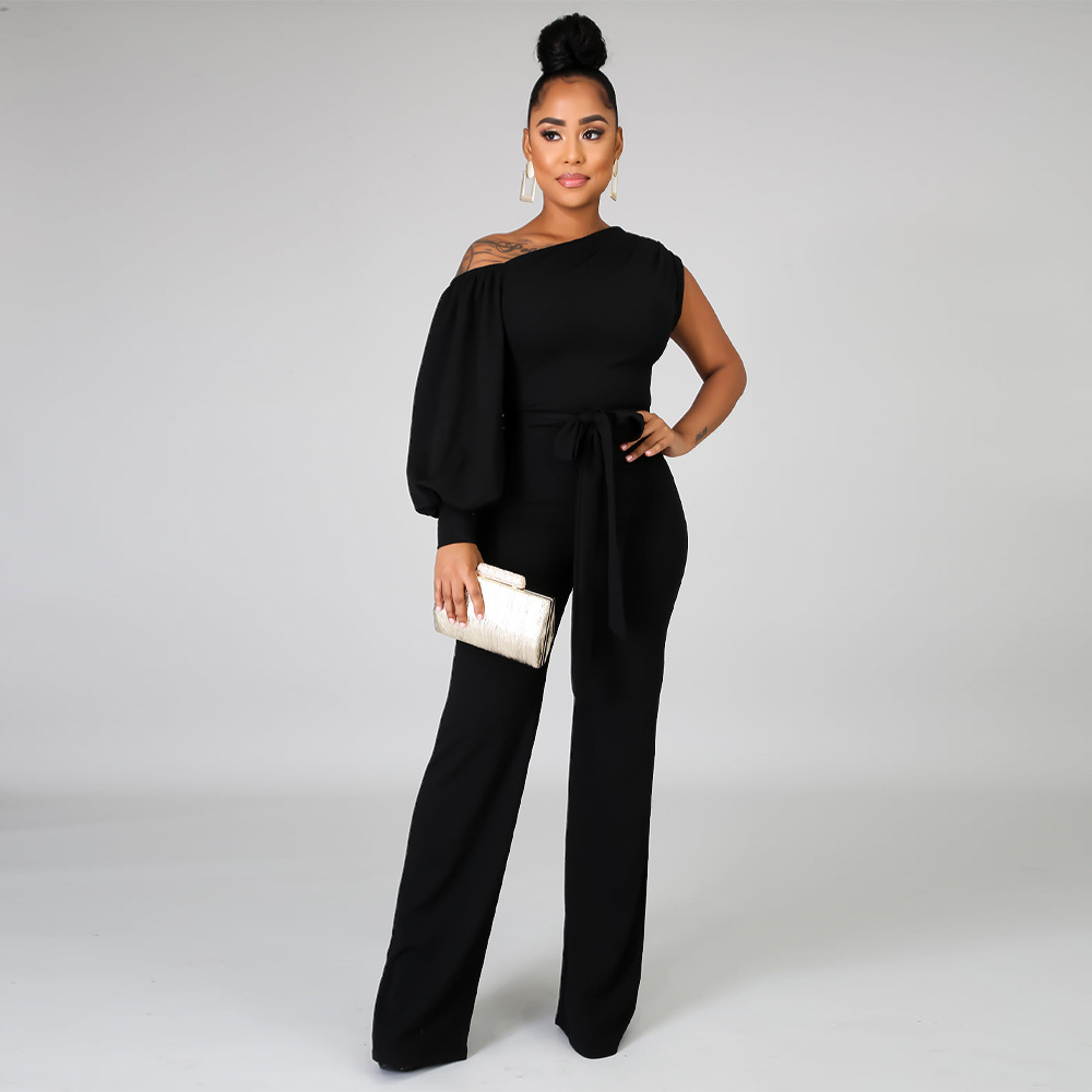 single-shoulder long sleeve lace-up wide-leg solid color jumpsuit NSMYF125965