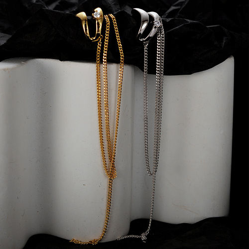 E5123 Tassel ear clip Korean version S925 sterling silver chain micro-inlaid zircon ear bone clip for women without pierced ears double layer hollow