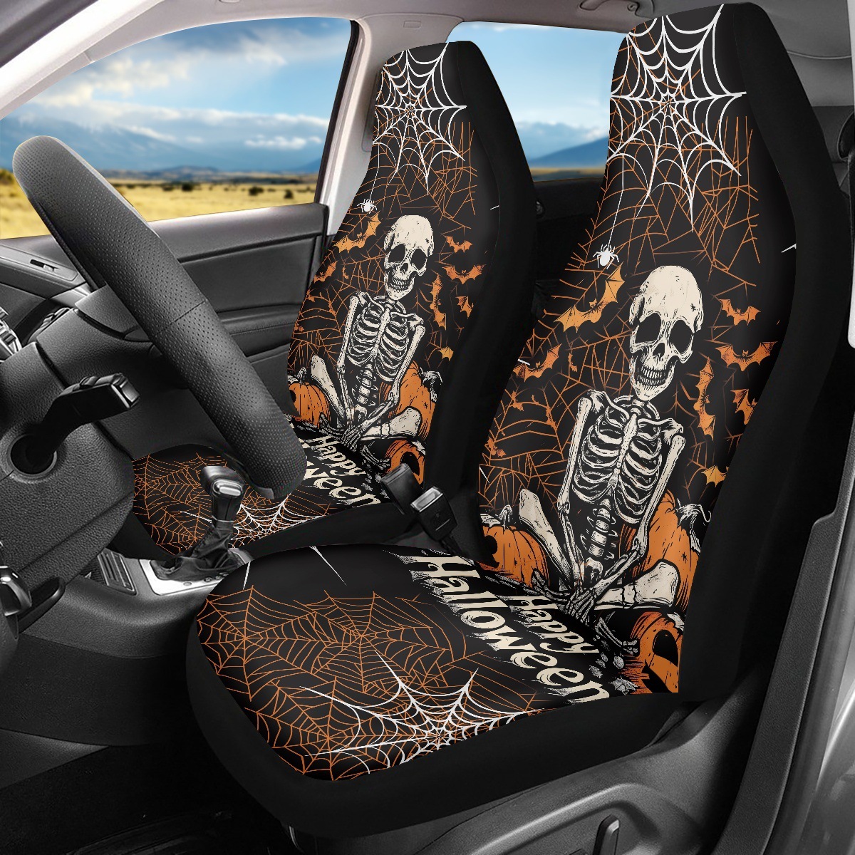 Cross-border Halloween-themed printed seat covers, featuring ghost and pumpkin designs, available for custom orders. Includes a set of two car seat protectors
