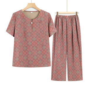 Old Lady Thin Clothes Suit Women's Middle-Aged and Elderly Short-Sleeved Shirt Grandma Summer Dress 70 and 80 Years Old Mother Two-Piece Set