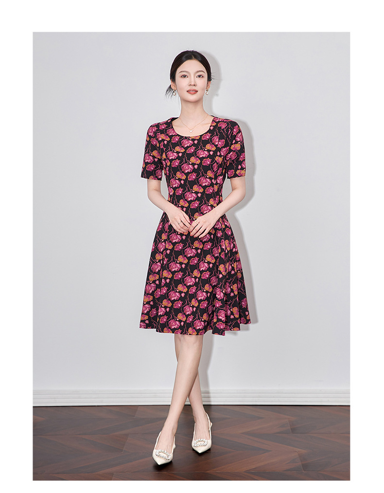 Đầm maxi nữ thắt eo tay ngắn in họa tiết hoa cổ điển kiểu Pháp — hoa hồng đỏ chi tiết 7