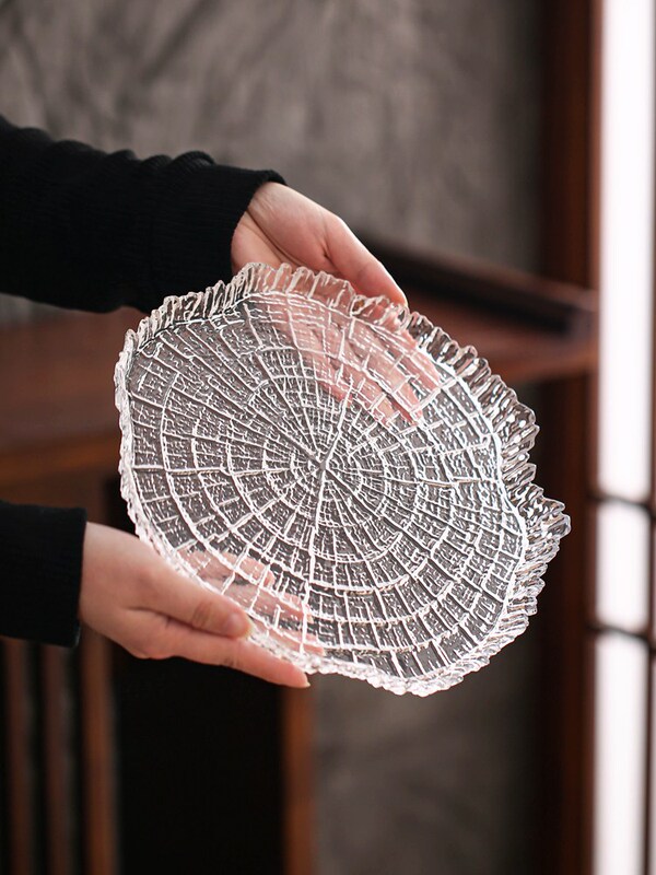 Japanese Crystal Glass Tea Tray Ice Dew Irregular Simple Fruit Round Dinner Tray Sushi Tray Tea Cup Tray suit