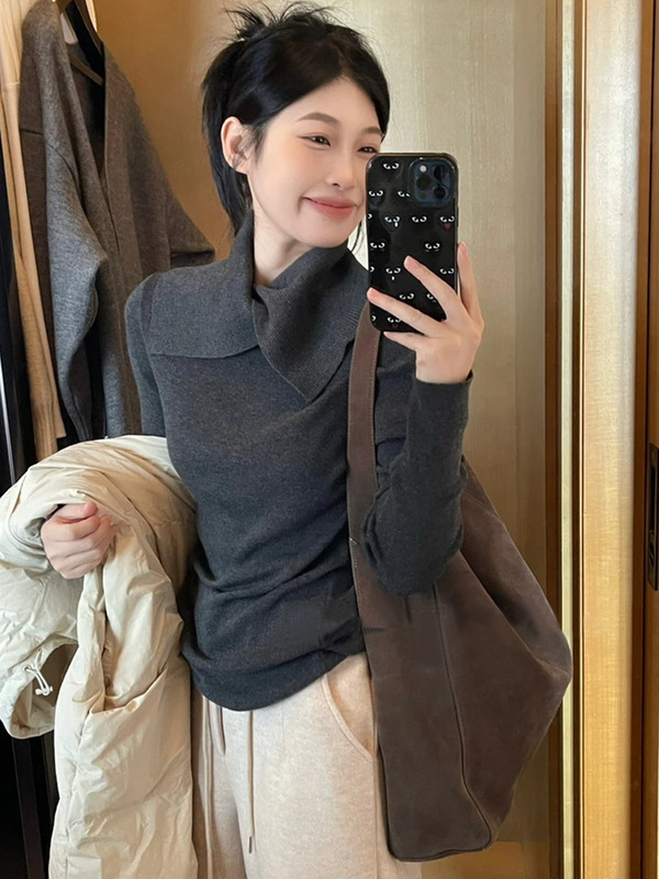 春装翻领针织打底衫女士秋冬2025新款内搭可外穿修身T恤长袖上衣|undefined