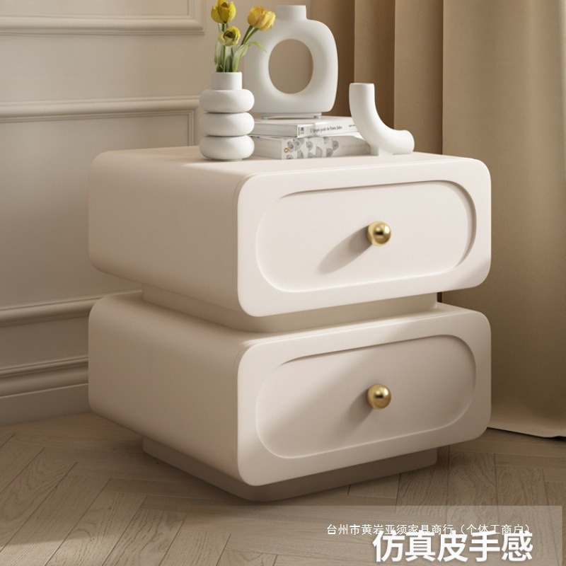Modern French Cream Style Storage Cabinet Bedroom Home Light Luxury Solid Wood Bedside Table Simple Black Leather Bedside Cabinet