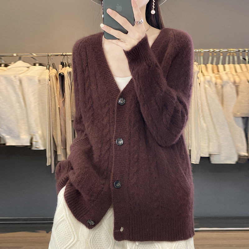 25 Years Autumn and Winter New Pure Wool V Neck Knitted Cardigan Long-Sleeved Women's Pure Color Twisted Loose Warm Top Jacket
