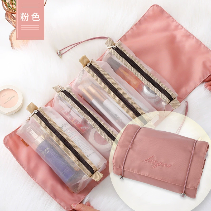 Detachable Handheld Cosmetic Bag, Foldable Organizer with 4 Mesh Zip Pouches, 24×15×1.5 cm