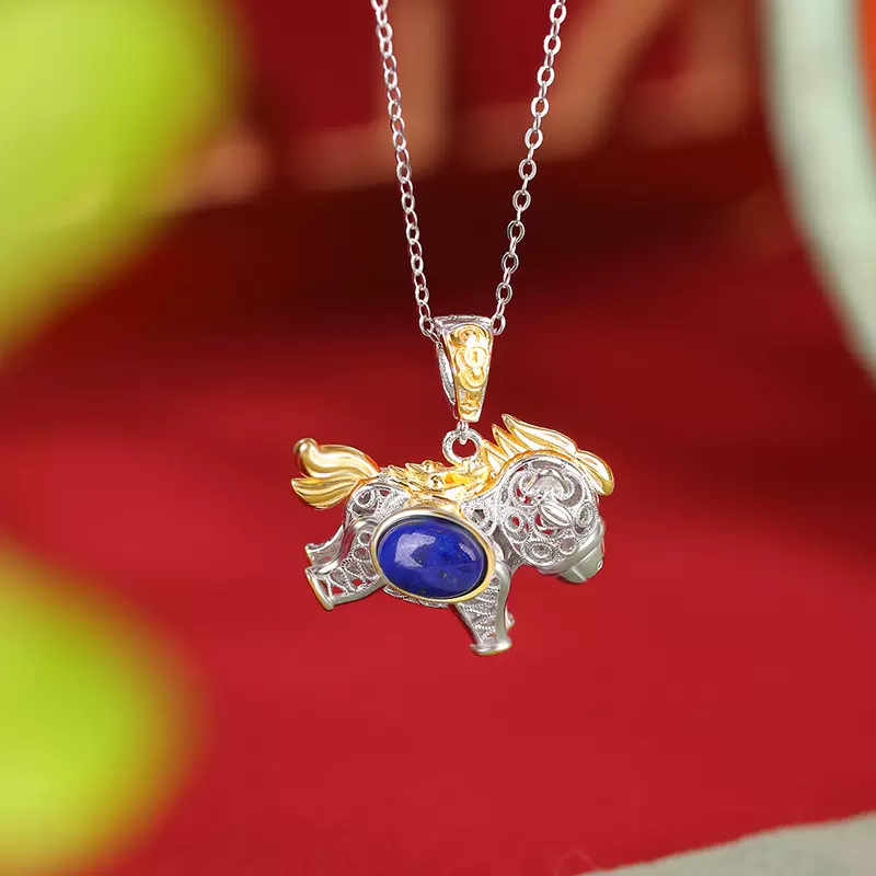 悦宝珠宝青金石S925纯银马到成功镂空时尚个性生肖马年吊坠银饰品