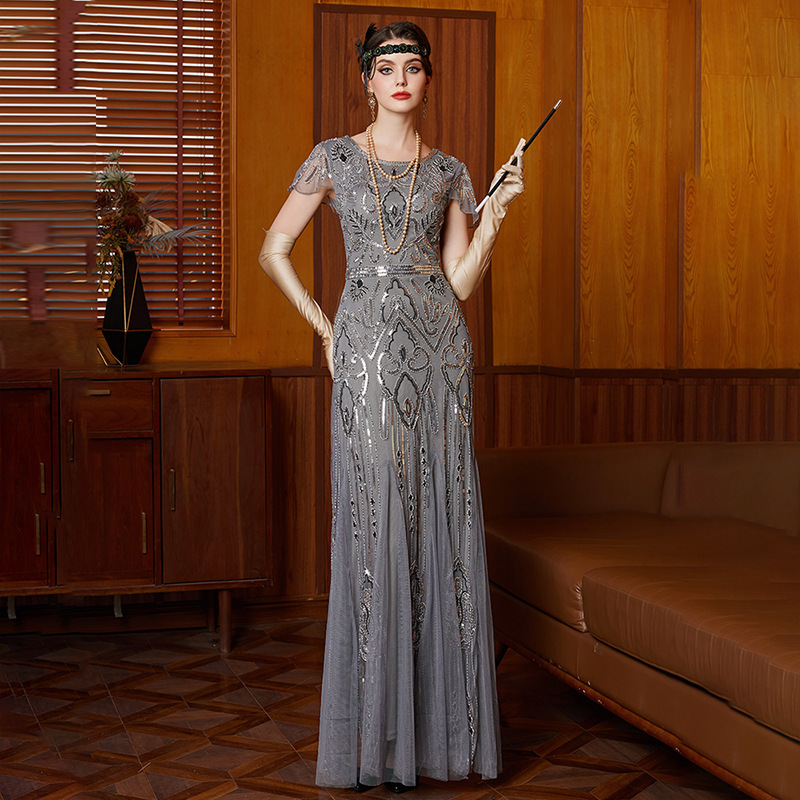 Retro Sequin Embroidered Gown, Ball Gown, Cocktail Dress, Party Plus-Size Beaded Mesh Dress, Long Dress Retro Sequin Embroidered Gown, Ball Gown, Cocktail Dress, Party Plus-Size Beaded Mesh Dress, Long Dress