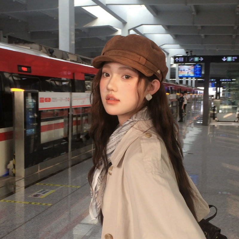 美拉德咖色麂皮绒海军帽女千金风复古八角帽英伦画家帽贝雷帽女|undefined