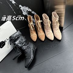 增高5公分绑带尖头短筒瘦瘦靴女2025新款欧美风美拉德西部牛仔靴