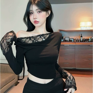 蕾丝拼接斜肩打底衫T恤女春秋新款设计感显瘦内搭短款上衣5705