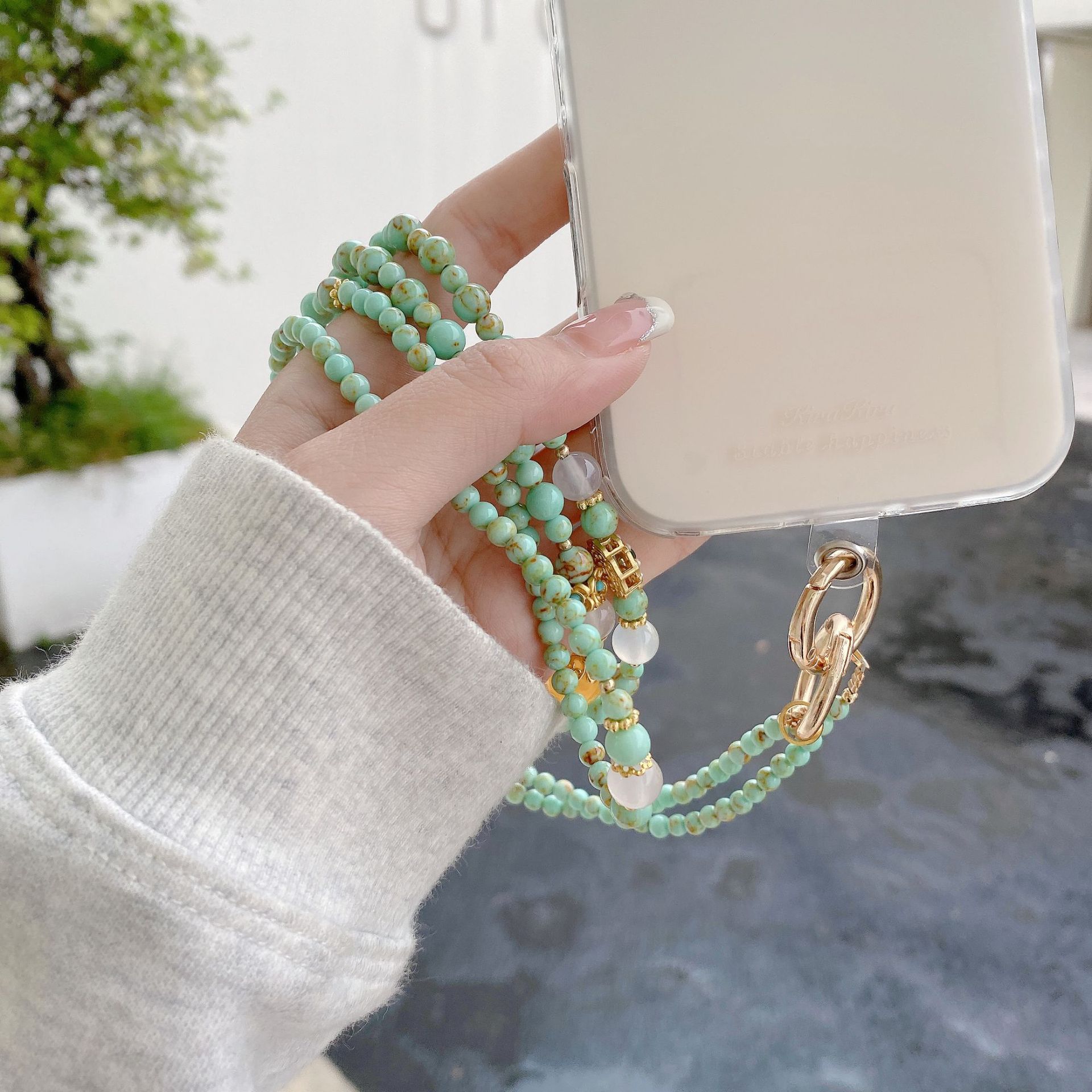 Cordón de lujo para teléfono hecho a mano de alta calidad para mujer, cadena larga con ágata y turquesa, correa cruzada moderna, accesorio para colgar en el cuello.