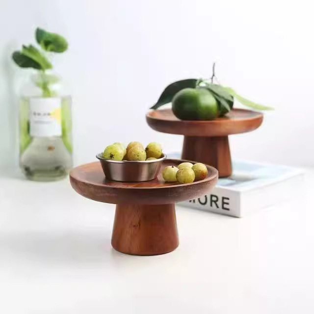Retro pies altos Acacia pastel bandeja de madera sala de estar casera snack plato de postres estante de exhibición de madera snack plato de fruta