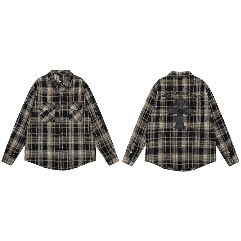2025 New CH Crowe Correct Edition Heavy Industry Leather Embroidered Chest Pocket Woolen Plaid Shirt for Men and Women
