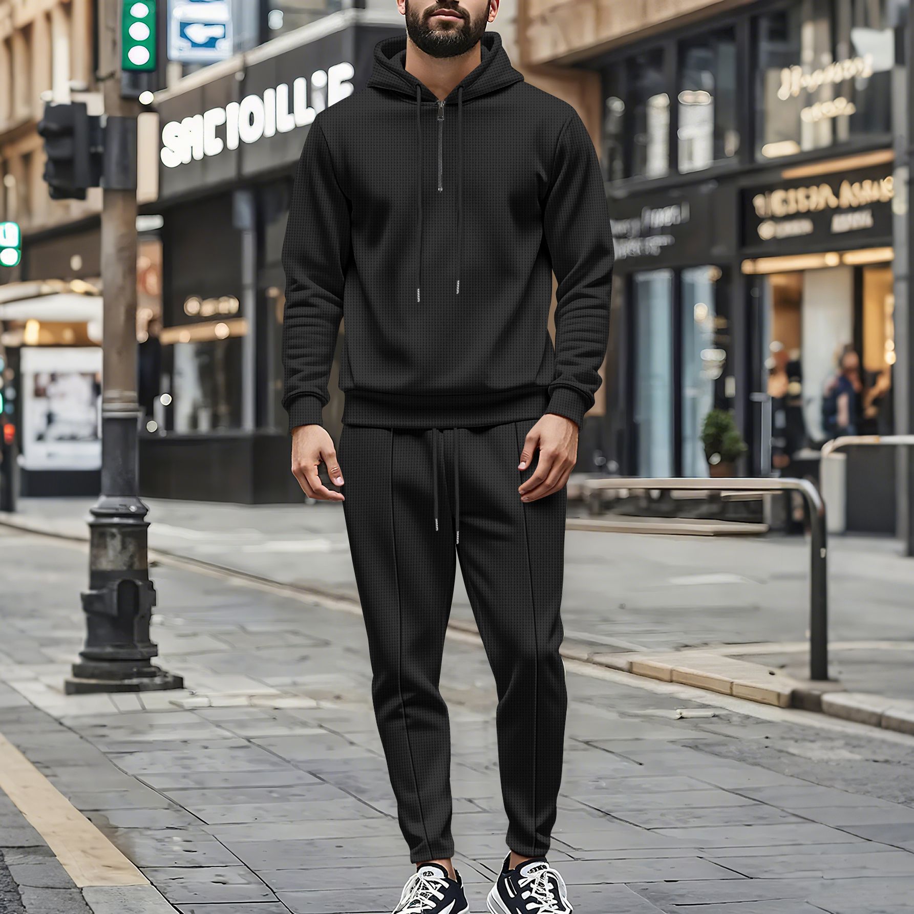 Men's Waffle-Knit Half-Zip Hoodie & Jogger Set – Breathable Lightweight Loungewear (S-XXXL, 5 Colors)_voghion.com