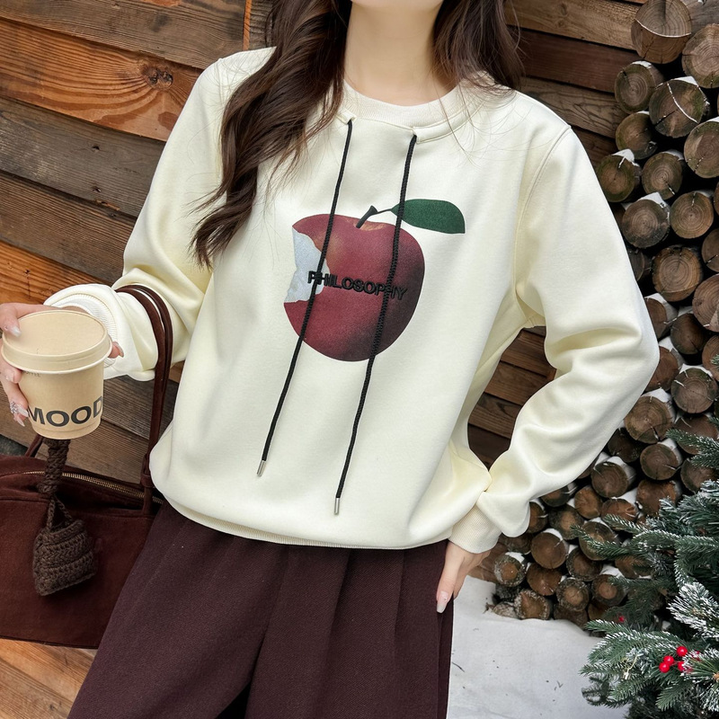 Guangzhou Thirteen Lines 2024 Autumn and Winter New Style Plush Apple Print Air Cotton Easiest for Match Round Neck Sweatshirt Loose and Casual