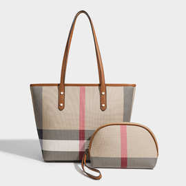 2024新款潮时尚高级感格纹手提单肩包子母包大容量托特包女