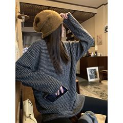 2706# 阿一 海盐奥利奥2.0 磨毛条纹长袖T恤女宽松百搭上衣打底衫
