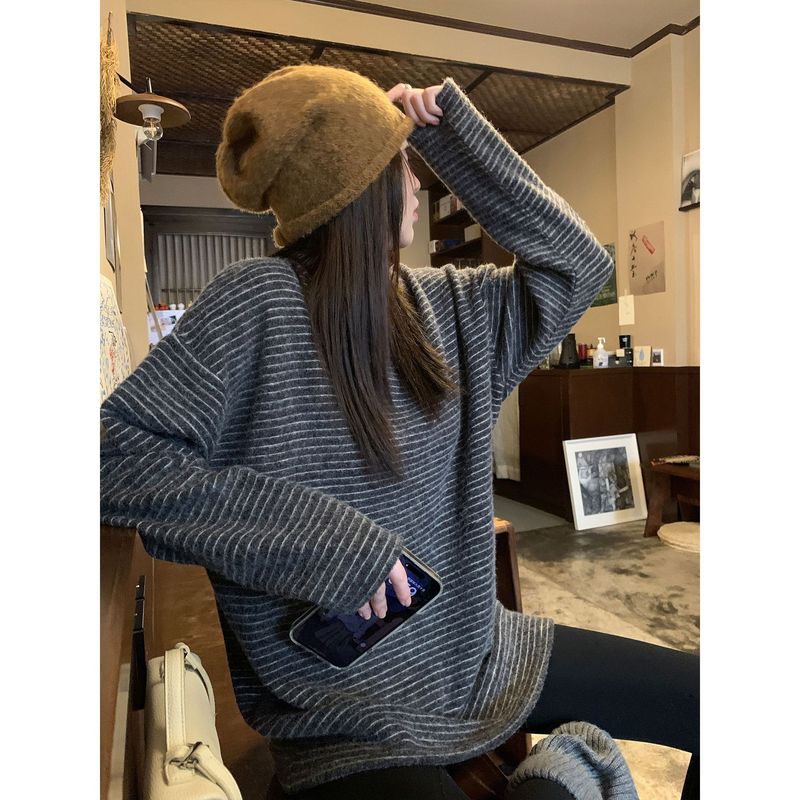 2706# 阿一 海盐奥利奥2.0 磨毛条纹长袖T恤女宽松百搭上衣打底衫|undefined