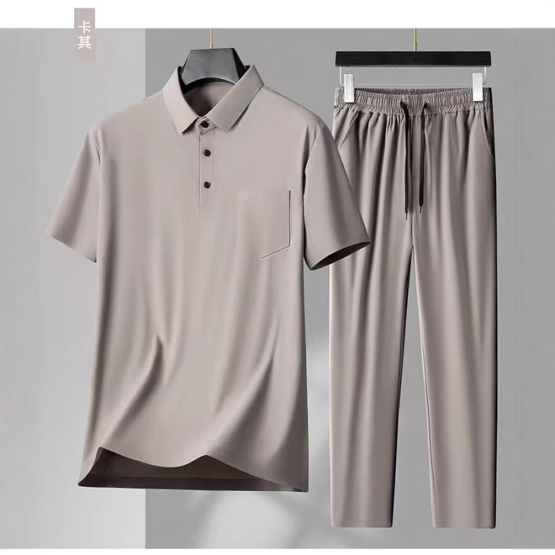 Men's light business summer casual suit seamless ice silk POLO shirt middle-aged pants two-piece sports a generation of hair Men's light business summer casual suit seamless ice silk POLO shirt middle-aged pants two-piece sports a generation of hair