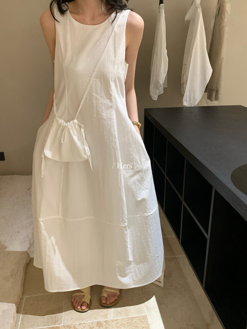 Đầm maxi nữ thắt eo không tay phong cách Pháp tối giản — Cam trần, màu trắng chi tiết 21