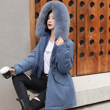 大毛領羽絨棉服女中長款冬季2021新款韓版寬松工裝加絨加厚派克服