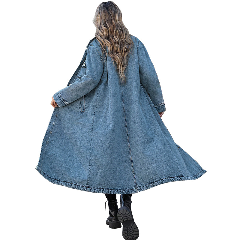 Elegant Long Denim Coat For Women, Mid Blue And Black Trench Style Jacket, Versatile Career Outerwear For Fall_ecoleips.com
