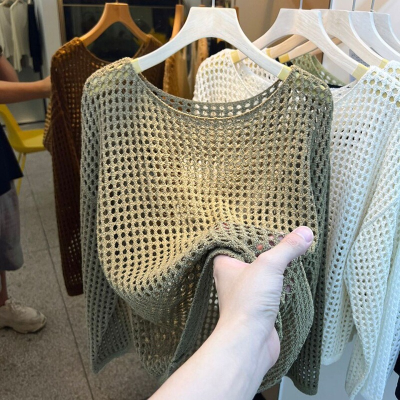 French-Style Long-Sleeve Knit Sweater for Women, Spring and Summer Thin Outerwear, Loose Hollow-Out Cover-Up, Trendy Foreign Trade Style, Stylish Mesh Top