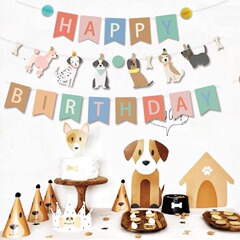 新しい犬のプリントの誕生日パーティーの装飾は旗の魚の尾のアルファベットの色の旗の雰囲気の場所を引っ張ります。