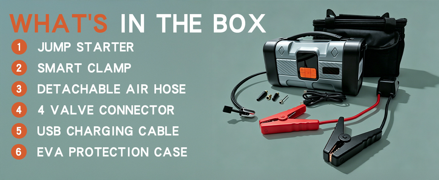 [3C Certified] Premium Car Air Compressor and Emergency Jump Starter Combo - Electric Tire Inflator for Cars