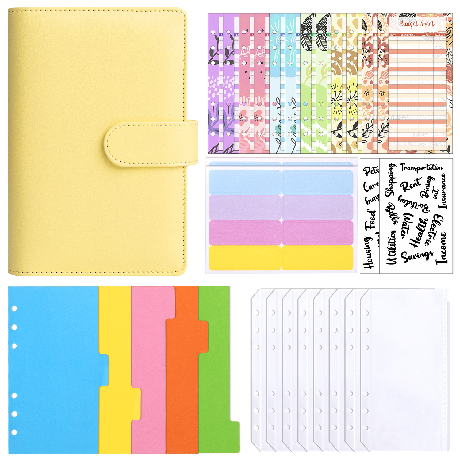 Presupuesto transfronterizo Cash Clip de hojas sueltas Bolsa con cremallera Sobres Libro de cuentas A6 Macarons PU Cuaderno de hojas sueltas de cuero
