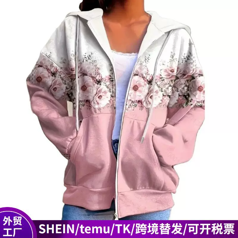 亚马逊欧美花卉3d印花加绒加厚拉链卫衣女长袖跨送连帽外套女装