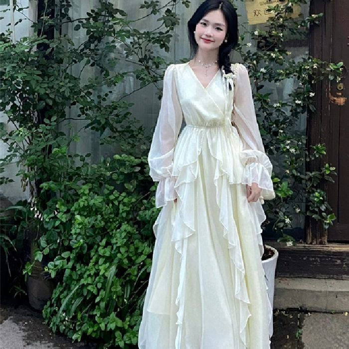優しいスタイルのドレス、妖精、スーパーフェアリー、高級フレンチスタイル、海辺の休暇、アプリコットの長袖スカート、春と秋のスタイル|undefined